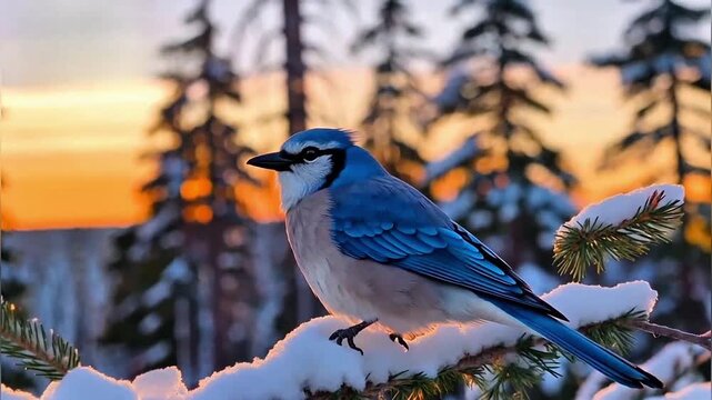 Vibrant Blue Jay Perched on a Snow-Kissed Branch at Sunset, Capturing the Serene Beauty of a Winter Forest Landscape