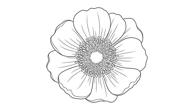 A beautiful black and white line art drawing of a single anemone flower isolated on a white background.