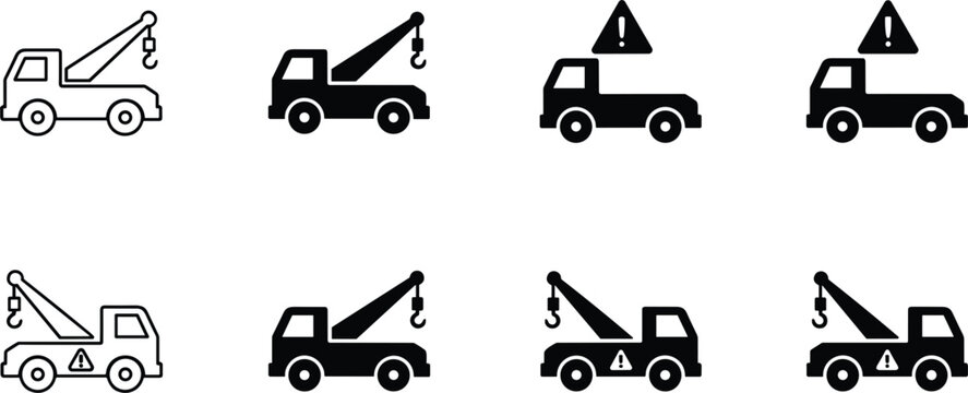 Tow truck roadside assistance icon set with warning symbol flat vector illustration isolated