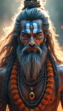 Majestic male deity with long gray hair beard and blue face paint. Wears orange bead necklace and multiple beaded chains. Appears powerful wise with intense gaze. Indian mythology inspiration.