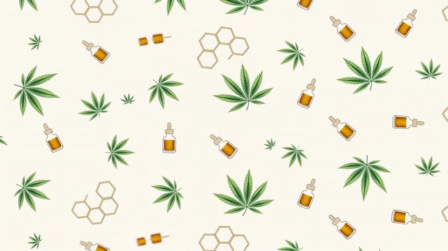 Contemporary Health Product Branding Showcasing Cannabis Leaves And Honeycomb Motifs On Soft Cream Surface