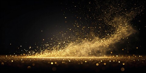 Obraz premium A cascade of golden glitter particles shimmering and swirling against a deep black background, creating a sense of luxury and magic.
