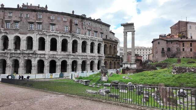 Slow Motion Cinematic View Of Theater Of Marcellus In Rome