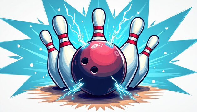 Bowling ball strikes pins with electric power. Intense energy bursts from impact on starburst background. Sports game action, powerful strike concept for gaming or competition.