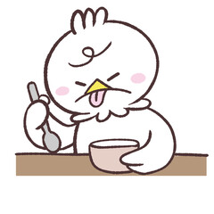 スプーンを持って舌を出す白い鳥のイラスト © おひさまストック