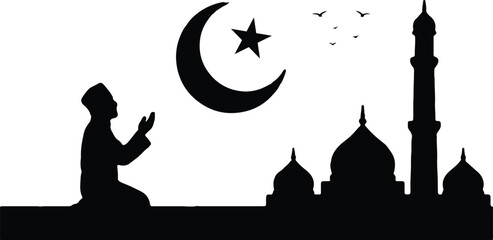 Islamic Icons and Mosque Silhouettes Collection &ndash; Ramadan, Kaaba, Quran, Prayer, and Crescent Moon Vector Set