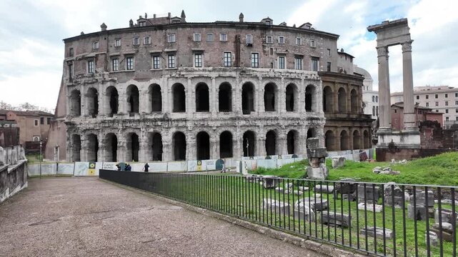Slow Motion Cinematic View of Teatro di Marcello Ancient Ruins in Rome.