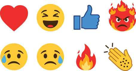 Emoji reaction icon set featuring love smile laugh thumbs up fire sad crying clap flat vector illustration design © Mostafizar