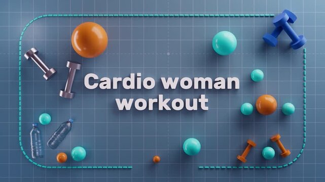 Cardio Woman Workout Text Animation on Blue Grid Fitness Background