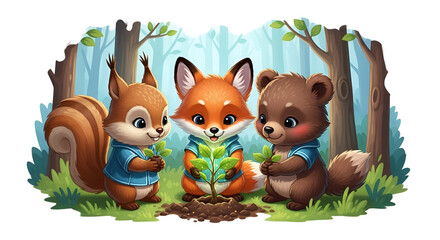 Naklejka premium Cute cartoon forest animals planting a tree- squirrel fox and bear environmental care and nature conservation