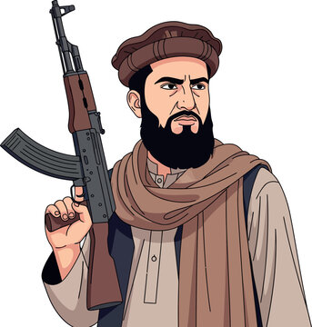 Illustration of a bearded Afghan warrior dressed in brown tones, holding an AK47 rifle, isolated on white background