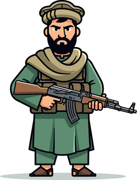 Illustration of a bearded Afghan warrior dressed in green tones, holding an AK47 rifle, isolated on white background