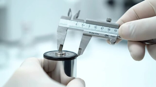 The video shows a close-up of gloved hands meticulously measuring the dimensions of a lithium-ion battery component using a precision caliper tool in a quality assurance procedure.