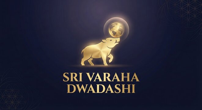 Golden Varaha avatar of Vishnu holding the Earth globe with sacred geometric patterns and dark blue background