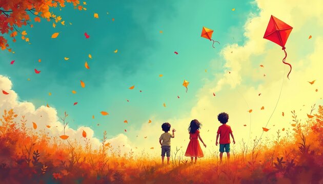 Children fly colorful kites on a sunny day in a field of autumn grass. Falling leaves paint the sky and ground in warm hues. Joyful kids play outdoor games, celebrating tradition and fun.