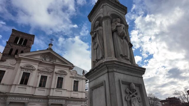 Slow motion macro of the baroque facade of Basilica di San Bartolomeo on Tiber Island, Rome
