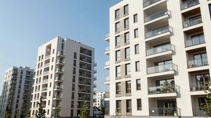 Naklejka premium A modern apartment complex with white buildings and balconies under a clear blue sky