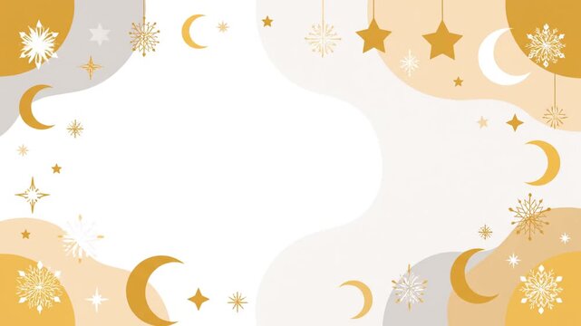 A serene, continuous golden pattern featuring moons, hanging stars, and glowing snowflakes drifts across a soft, wavy white and beige background, suggesting a peaceful celestial scene.