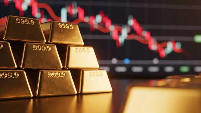 Gold bars on table with financial market chart in background