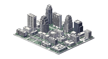 Isometric 3D illustration of a futuristic cityscape with sleek skyscrapers and modern buildings on a green circuit board, conveying a technological and urban mood against a clean white