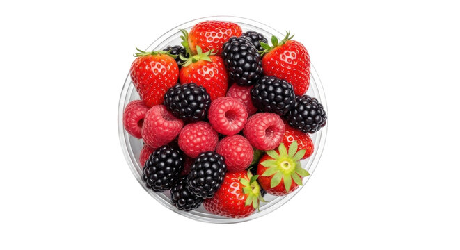 Fresh mixed berries in a bowl isolated PNG, strawberries raspberries and blackberries on transparent background, healthy eating concept