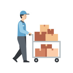 Delivery man pushing a cart full of boxes, logistics and shipping concept