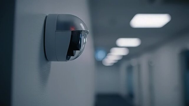 Security camera installed in a modern office corridor.