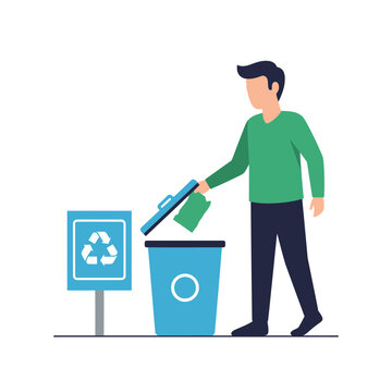 Man throwing trash into recycling bin, eco-friendly waste disposal concept