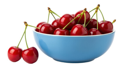 Fresh red cherries in a blue bowl isolated PNG, ripe summer fruit with stems for healthy eating and dessert concepts