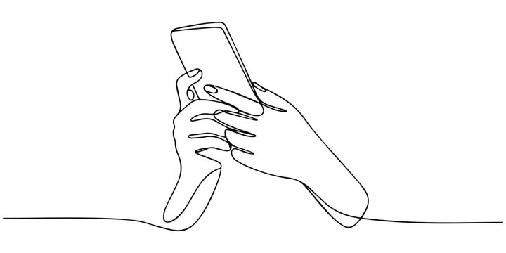 Continuous one line drawing Smartphone phone in hand. Simple line drawing hand using modern mobile phone. view of man hands holding smart phone, Continuous line hands with gadgets. One line female