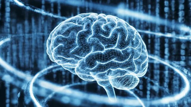 Glowing wireframe brain in digital binary code environment with light