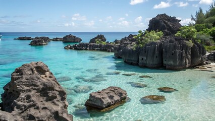 Obraz premium Clear Ocean Waters Surrounding Rocky Coastal Formations