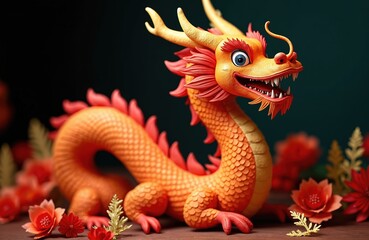 Naklejka premium Orange dragon figure with red accents sits on wooden surface. Red paper flowers surround mythical creature. Creature big blue eyes, sharp teeth. Dragon represents good fortune, power in Asian culture.