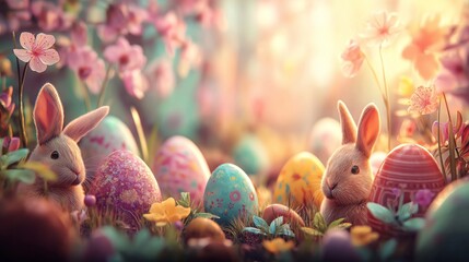 Obraz premium Little bunnies finding colorful Easter eggs in spring garden. Cute bunnies celebrating Easter surrounded by decorated eggs and blooming cherry blossoms