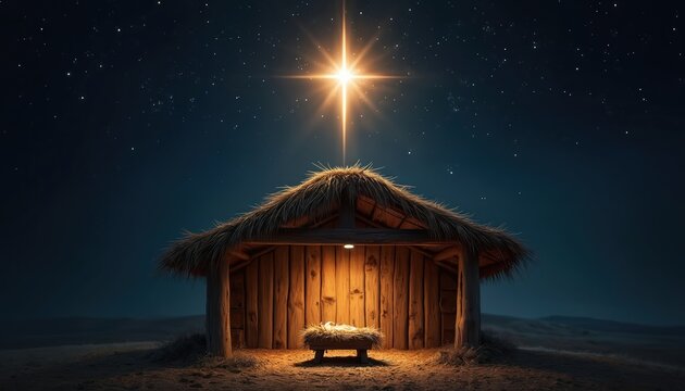 Rustic stable with thatched roof under starry sky. Glowing star shines above empty manger, symbolizing nativity story. Humble wooden shelter offers peaceful scene. Serene night setting.