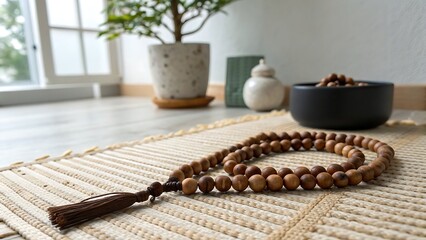Sandalwood prayer beads resting on a textured surface