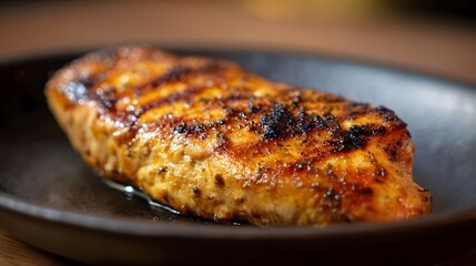 A perfectly grilled chicken breast with distinct grill marks served on a dark plate