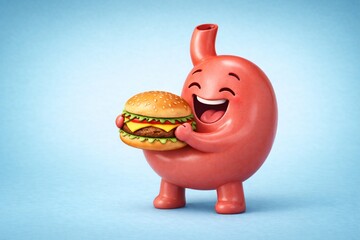 Happy stomach is holding burger, laughing and rejoicing