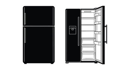 Black refrigerators shown in two views front and with open door