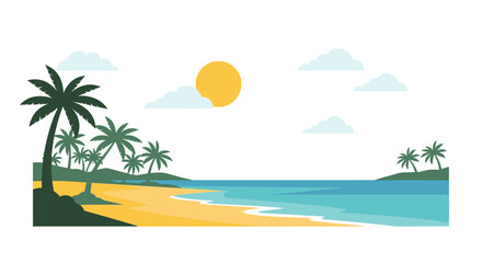 Obraz premium Tropical beach scene with palm trees ocean and a bright yellow sun