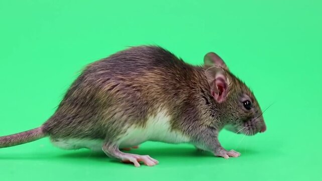 A small brown mouse stands on a green background.