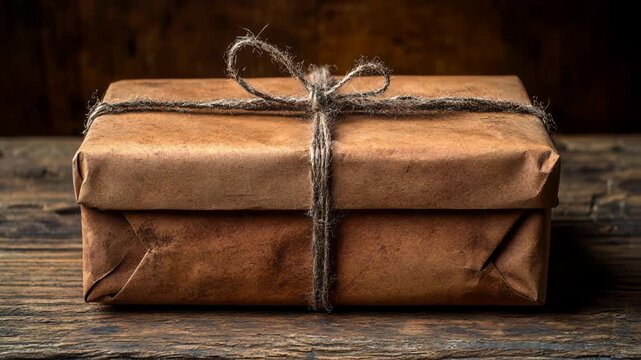 Rustic brown package tied with twine resting on a weathered wooden table, evoking a sense of nostalgia