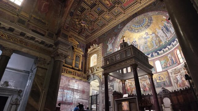 Slow Motion Interior of Santa Maria in Trastevere Altar and Mosaics