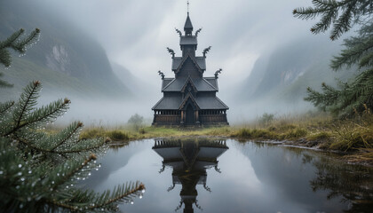 Obraz premium Traditional wooden temple reflected in still mountain lake