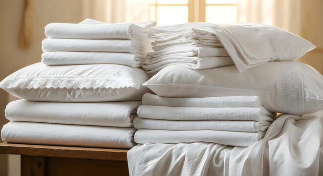 A neatly stacked pile of white linens and pillows on a wooden table in a bright room
