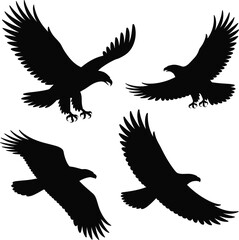 Fototapeta premium Collection of Four Black Eagle Silhouettes Featuring Majestic Birds of Prey in Flight and Soaring Positions Isolated on White Background for Wildlife Nature Graphics