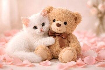 Cute Pet and Teddy Bear Love Composition for Greeting Card Design