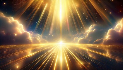 Obraz premium golden heavenly light rays falling through soft clouds with sparkling luminous dust