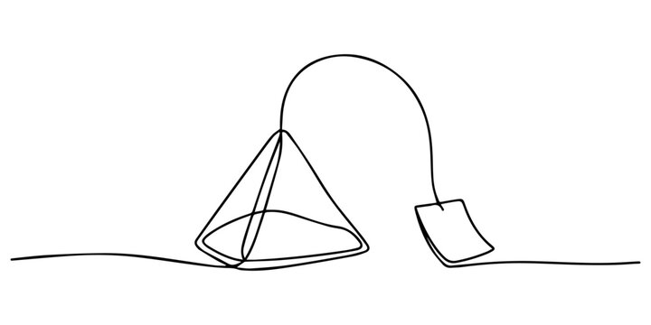 Pyramid tea bag continuous one line drawing, Continuous one line art of tea bag with string and tag, minimalist elegant kitchen concept illustration, Pyramid tea bag. Hot drink, tea leaves, herbs, pro