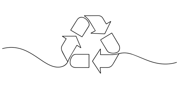 Continuous one line drawing of a recycling symbol of three arrows,  drawing recycling symbol. Recycling linear icon, Round frame with arrows,  Premium vector illustration. drawing of cycle arrows mono